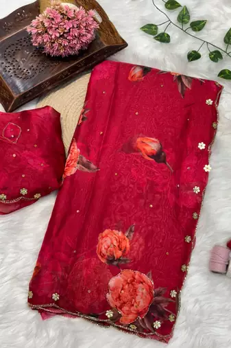  Red Color digital prints flower and hand cutdana work art silk saree