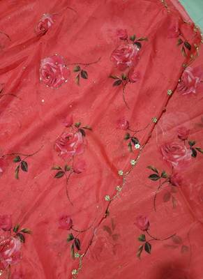  Red Color digital prints flower and hand cutdana work art silk saree 4
