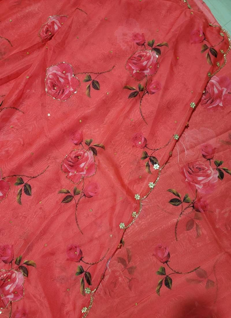  Red Color digital prints flower and hand cutdana work art silk saree
