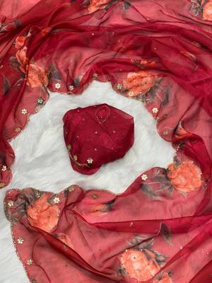 Red Color digital prints flower and hand cutdana work art silk saree 4