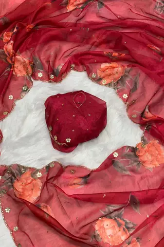  Red Color digital prints flower and hand cutdana work art silk saree