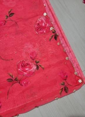  Red Color digital prints flower and hand cutdana work art silk saree 5