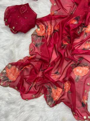  Red Color digital prints flower and hand cutdana work art silk saree 5