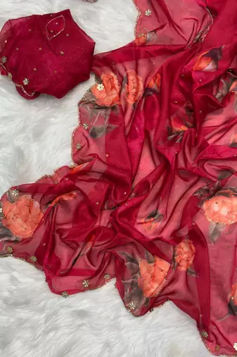  Red Color digital prints flower and hand cutdana work art silk saree