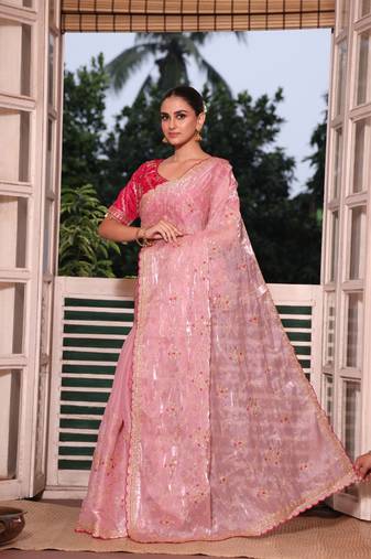 Pink Color  embroidery sequence work Organza Silk Saree