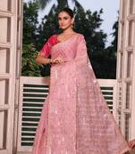 Pink Color  embroidery sequence work Organza Silk Saree