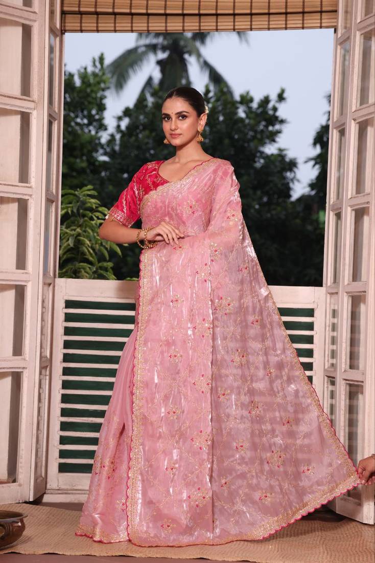 Pink Color  embroidery sequence work Organza Silk Saree