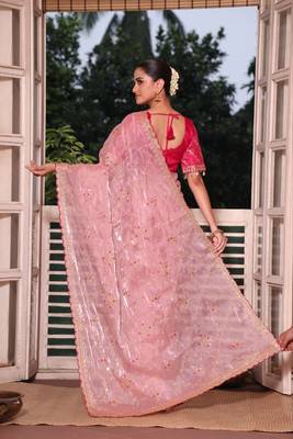 Pink Color  embroidery sequence work Organza art silk saree 2