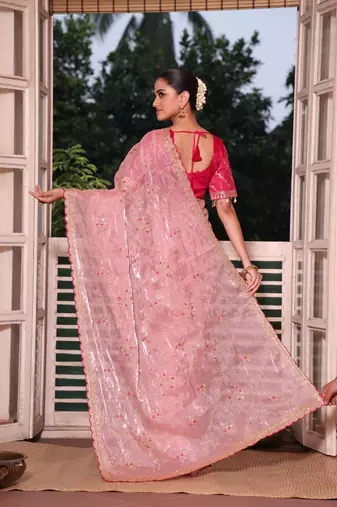 Pink Color  embroidery sequence work Organza art silk saree