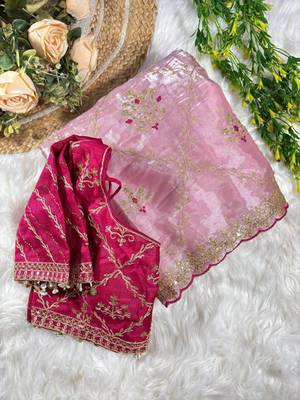 Pink Color  embroidery sequence work Organza art silk saree 3