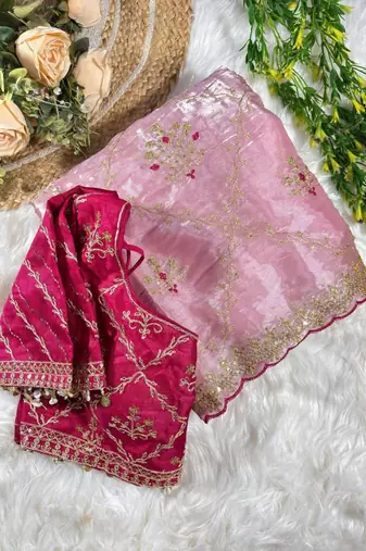 Pink Color  embroidery sequence work Organza art silk saree