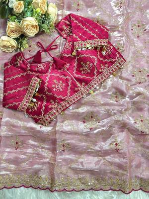 Pink Color  embroidery sequence work Organza art silk saree 4