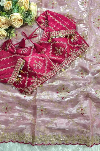 Pink Color  embroidery sequence work Organza art silk saree