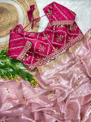 Pink Color  embroidery sequence work Organza art silk saree 5