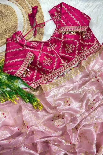 Pink Color  embroidery sequence work Organza art silk saree