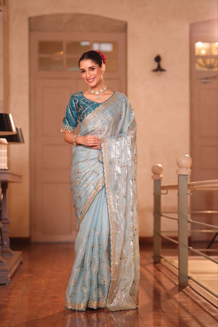 Sky Blue Color  embroidery sequence work Organza Silk Saree