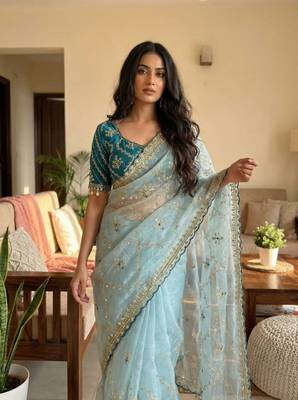 Sky Blue Color  embroidery sequence work Organza art silk saree 2
