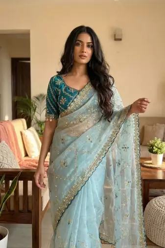 Sky Blue Color  embroidery sequence work Organza art silk saree