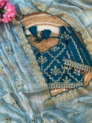 Sky Blue Color  embroidery sequence work Organza art silk saree 3