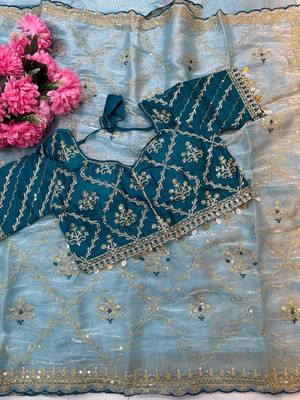 Sky Blue Color  embroidery sequence work Organza art silk saree 4