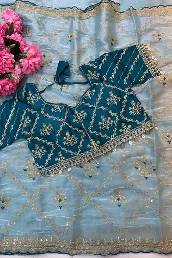 Sky Blue Color  embroidery sequence work Organza art silk saree