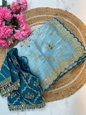 Sky Blue Color  embroidery sequence work Organza art silk saree 5