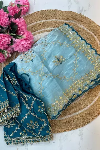 Sky Blue Color  embroidery sequence work Organza art silk saree