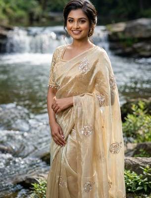 Cream Color embroidery beats work art silk saree 1