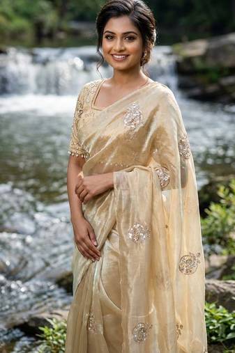 Cream Color embroidery beats work Silk Saree