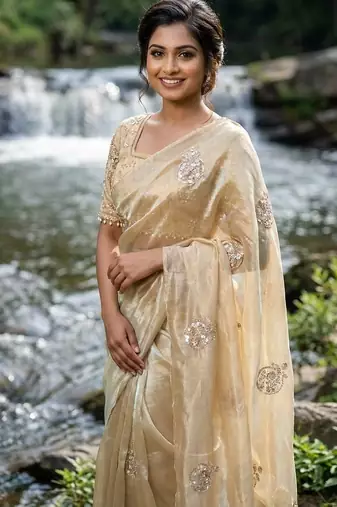 Cream Color embroidery beats work Silk Saree