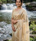 Cream Color embroidery beats work Silk Saree