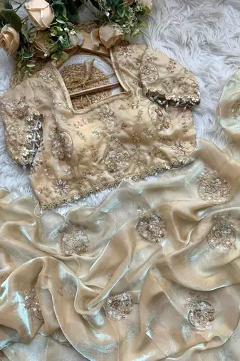 Cream Color embroidery beats work art silk saree