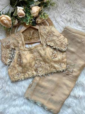 Cream Color embroidery beats work art silk saree 4