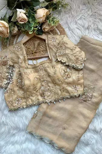 Cream Color embroidery beats work art silk saree