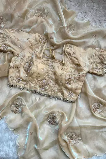 Cream Color embroidery beats work art silk saree