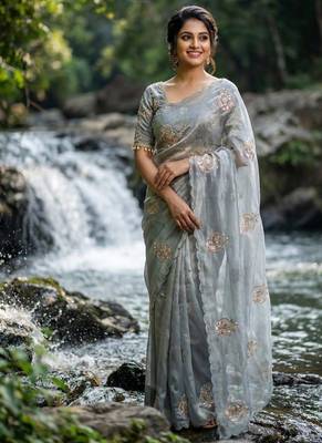 Grey  Color embroidery beats work art silk saree 1