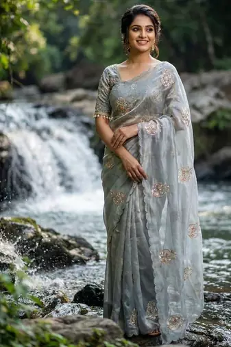 Grey  Color embroidery beats work Silk Saree