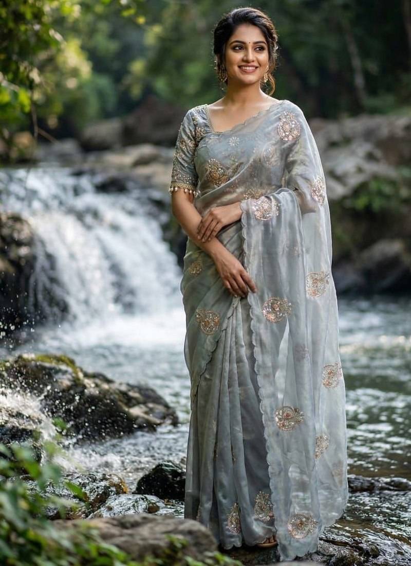 Grey  Color embroidery beats work Silk Saree