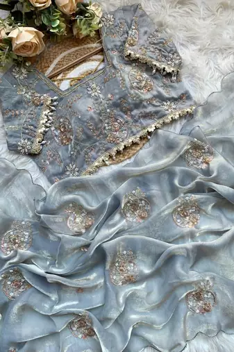 Grey  Color embroidery beats work art silk saree