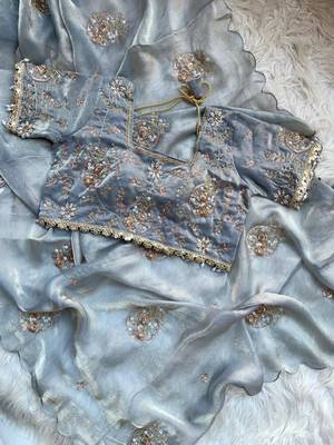 Grey  Color embroidery beats work art silk saree 4