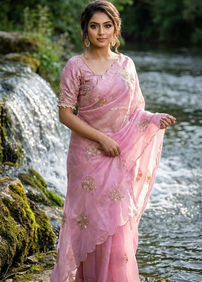 Lavender Color embroidery beats work Silk Saree