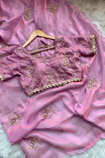 Lavender Color embroidery beats work art silk saree