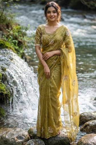 Olive Color embroidery beats work Silk Saree
