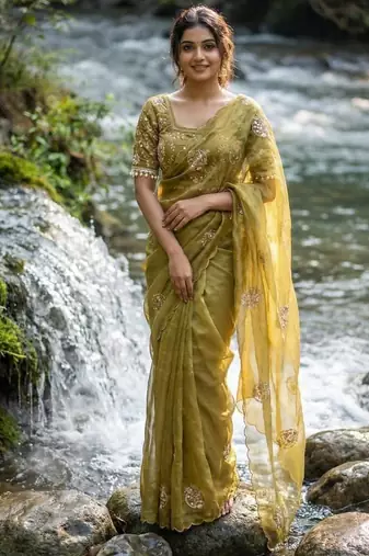 Olive Color embroidery beats work Silk Saree