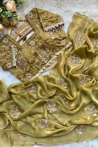 Olive Color embroidery beats work art silk saree