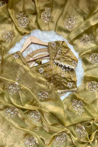 Olive Color embroidery beats work art silk saree