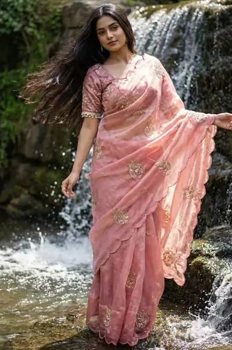 Peach Color embroidery beats work Silk Saree