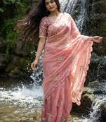 Peach Color embroidery beats work Silk Saree