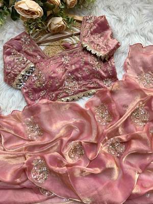 Peach Color embroidery beats work art silk saree 2