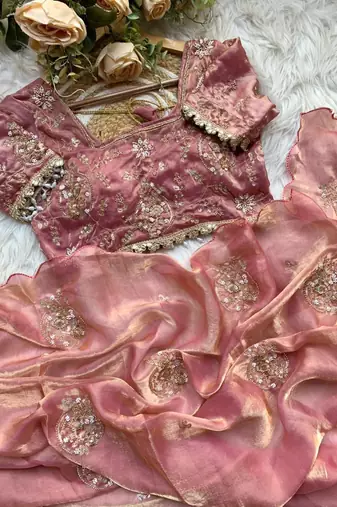 Peach Color embroidery beats work art silk saree
